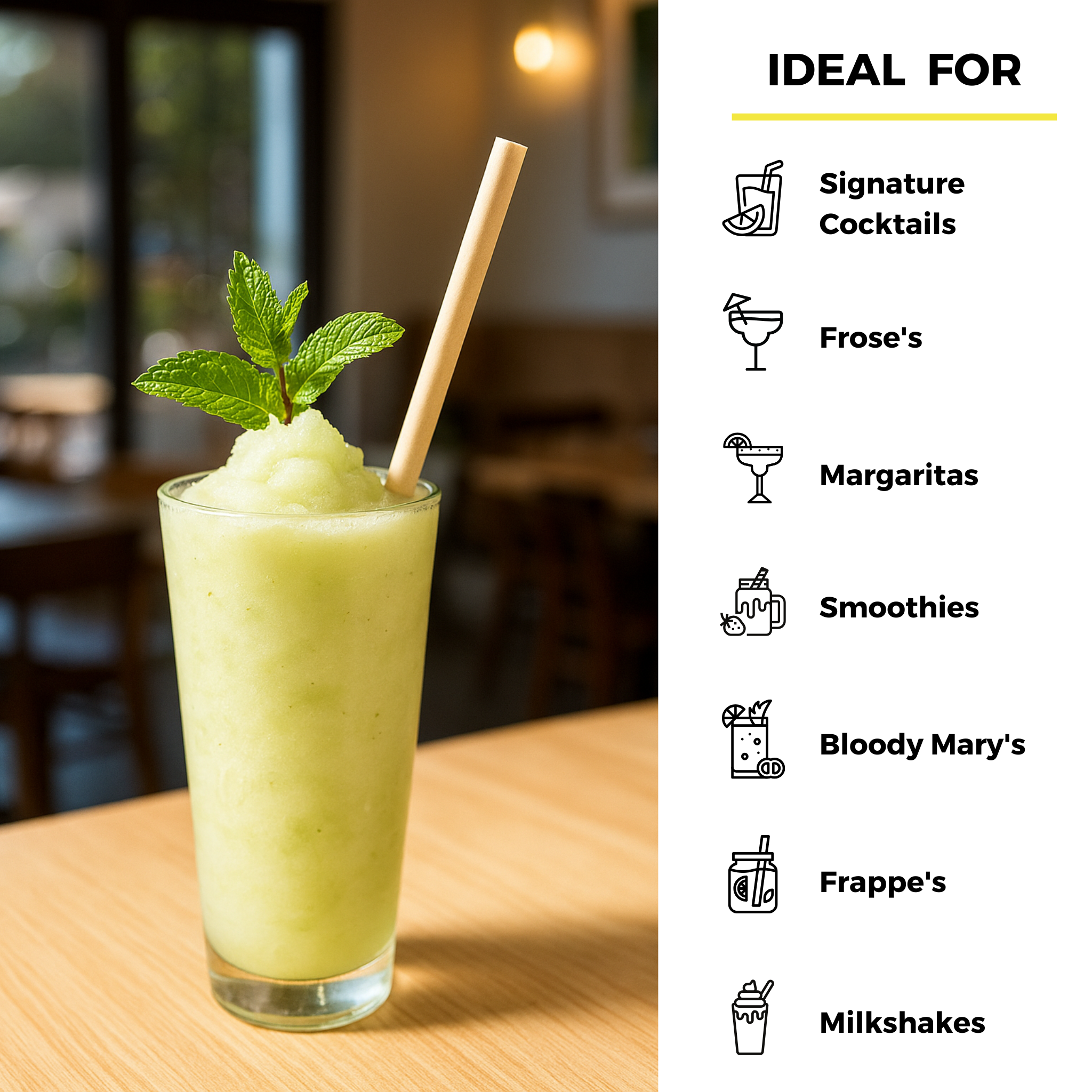 Bamboo fiber straw in a frozen cocktail garnished with mint, ideal for smoothies, frosé, margaritas, milkshakes, and other thick beverages.