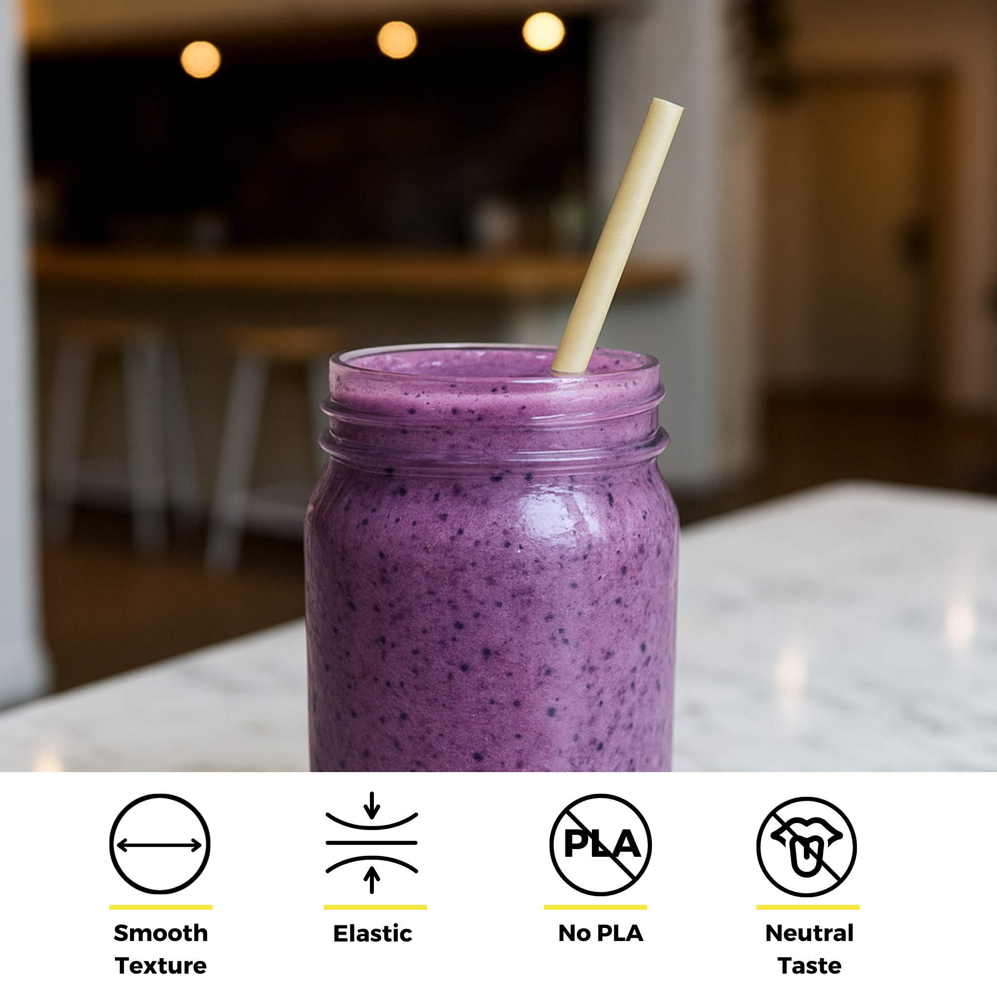 Vibrant blueberry smoothie in a mason jar with a bamboo fiber straw, highlighting smooth texture, elasticity, and PLA-free material.