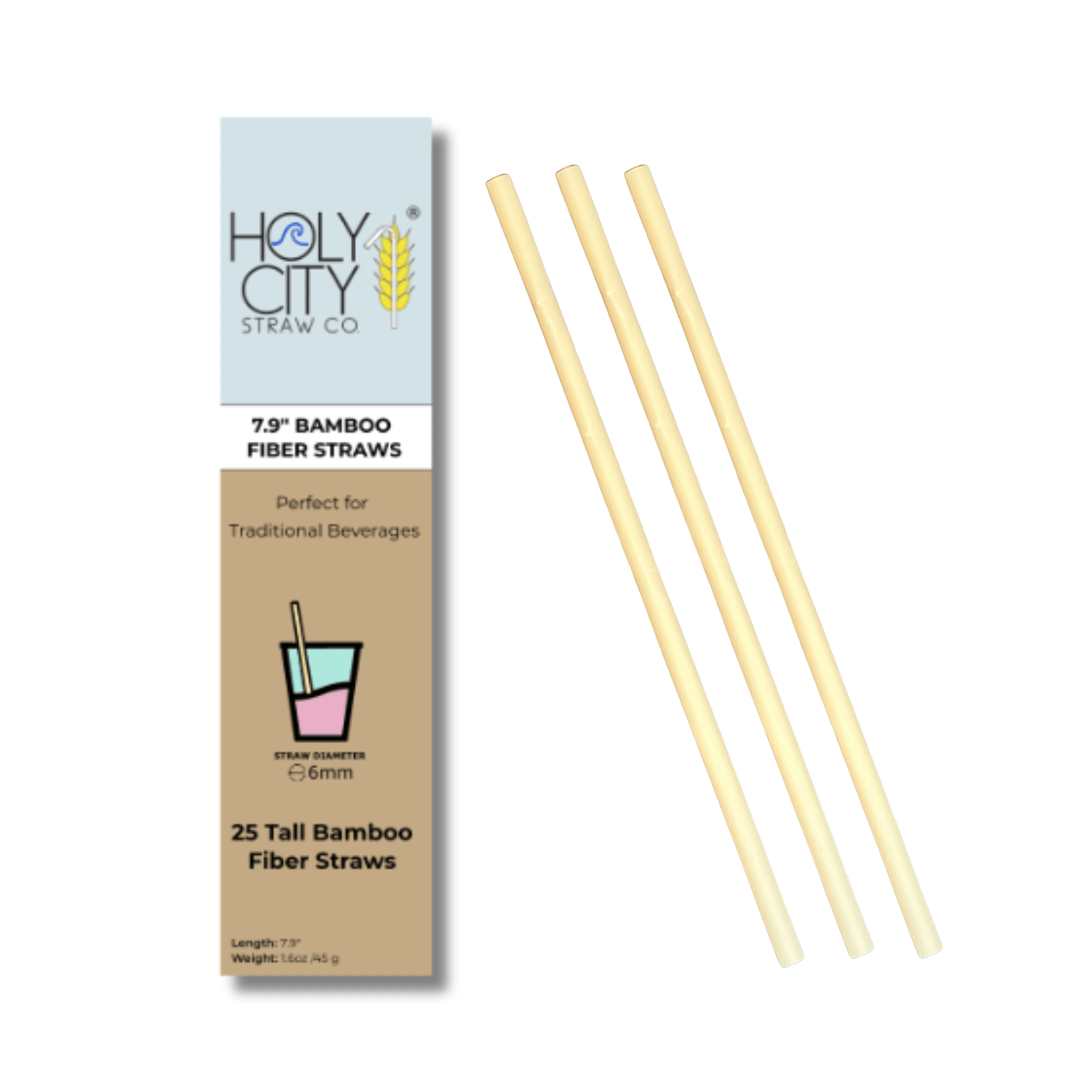 Holy City Straw Co. 7.9-inch bamboo fiber drinking straws in a 25-count pack, featuring three natural straws displayed beside eco-friendly packaging labeled for traditional beverages with a 6mm diameter.