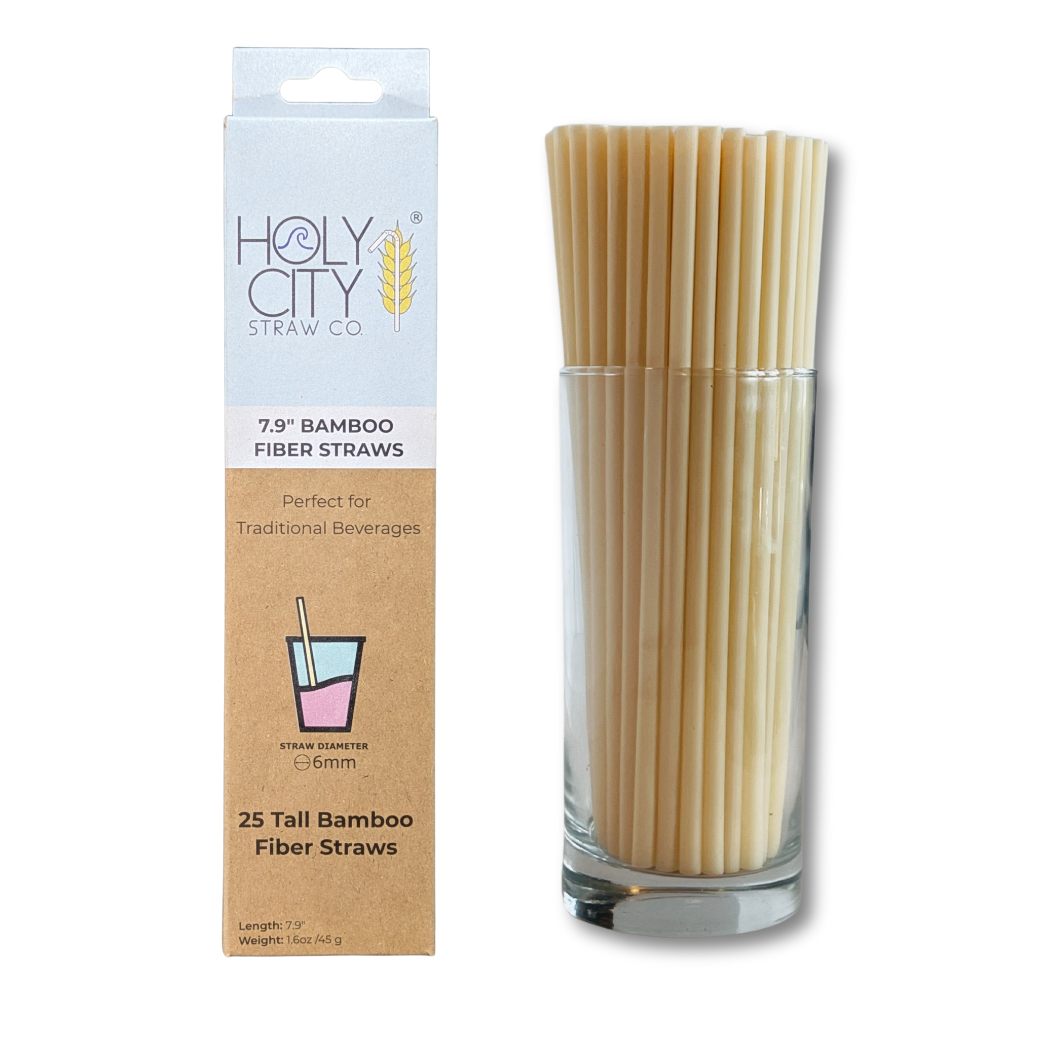Holy City Straw Co. 7.9-inch bamboo fiber drinking straws in a 25-count pack, featuring three natural straws displayed beside eco-friendly packaging labeled for traditional beverages with a 6mm diameter.