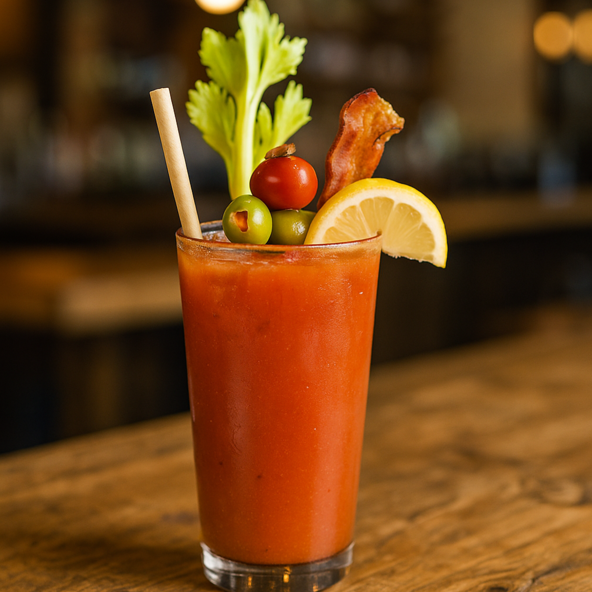A Bloody Mary cocktail with celery, olives, lemon, and bacon garnish, served with a sturdy, compostable bamboo fiber straw.