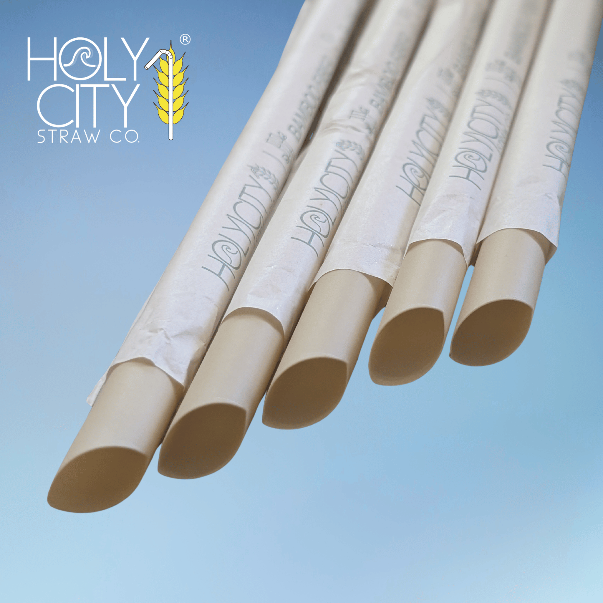 Holy City Straw Co. 12mm bamboo fiber boba straws with angled tips and eco-wrap, ideal for smoothies and bubble tea, fully compostable and plastic-free.