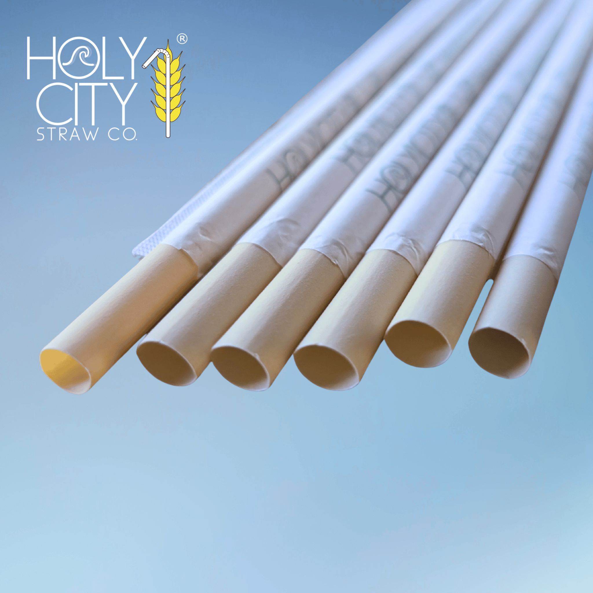 Wrapped 8mm bamboo fiber drinking straws from Holy City Straw Co., crafted for smoothies and milkshakes, featuring compostable paper wrapping.