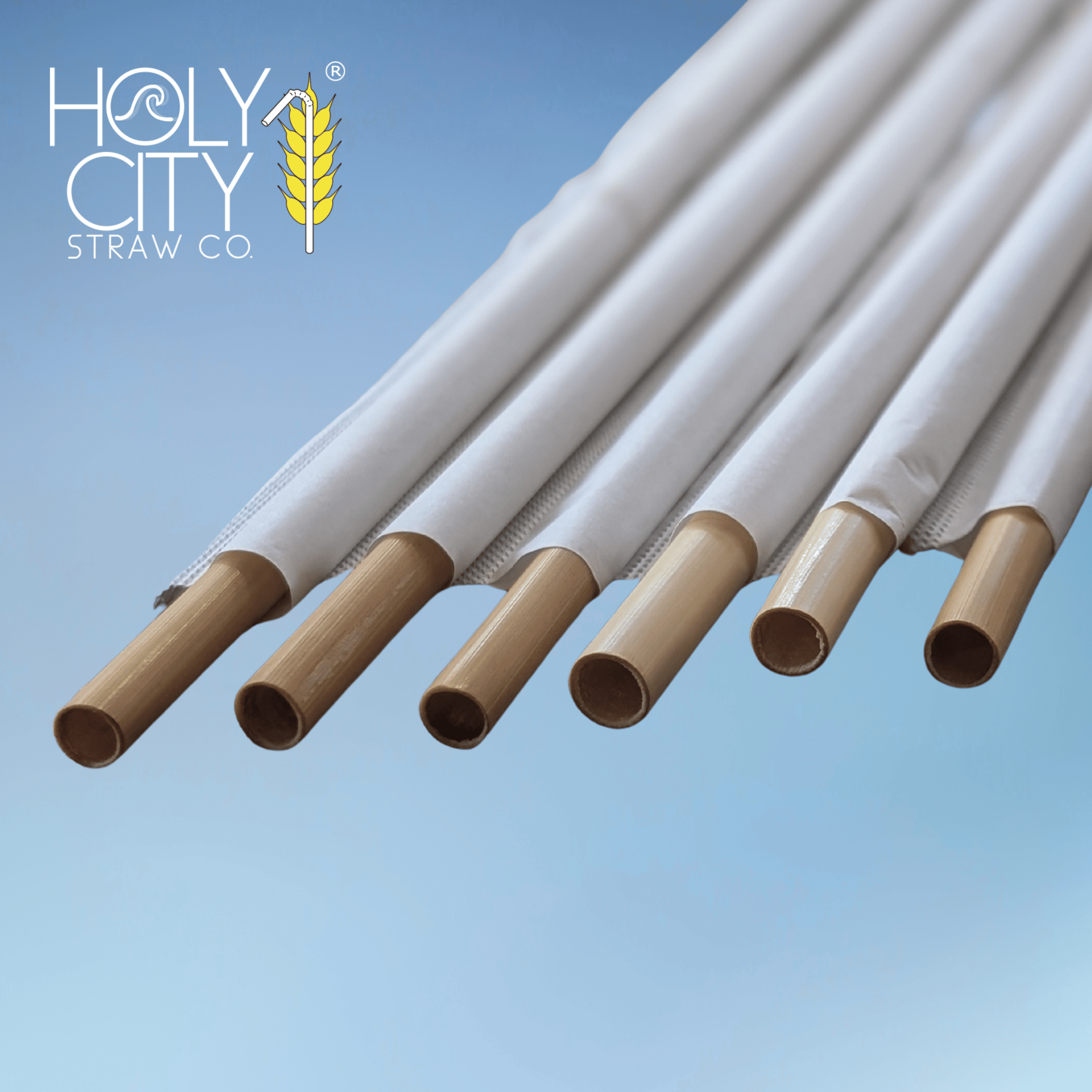 Holy City Straw Co. skinny reed stem straws in eco-friendly paper wrap, showcasing natural bamboo tones and perfect for cocktails and iced beverages.