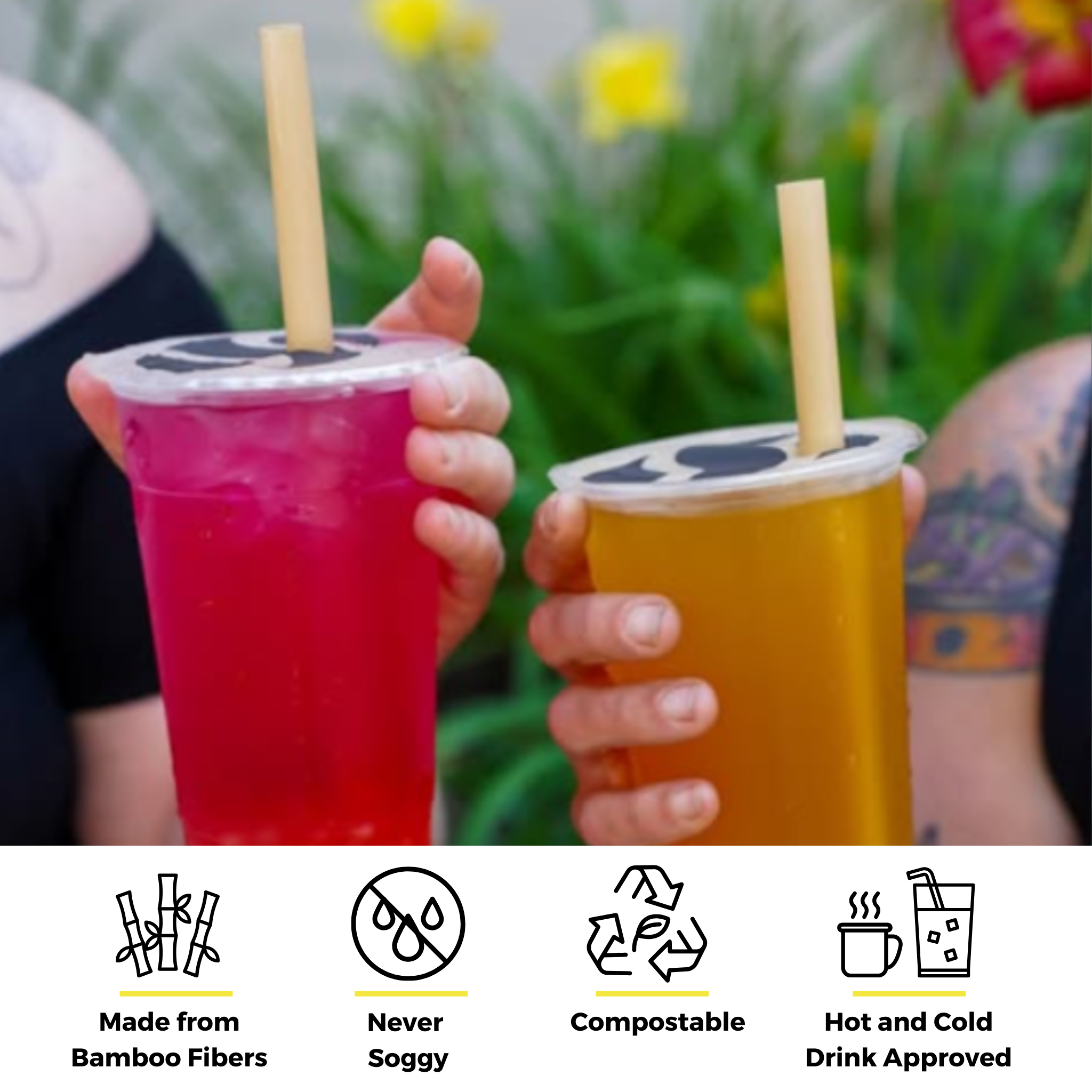 Two people holding iced drinks with bamboo fiber boba straws outdoors, emphasizing features like compostable, never soggy, and hot/cold drink approved.