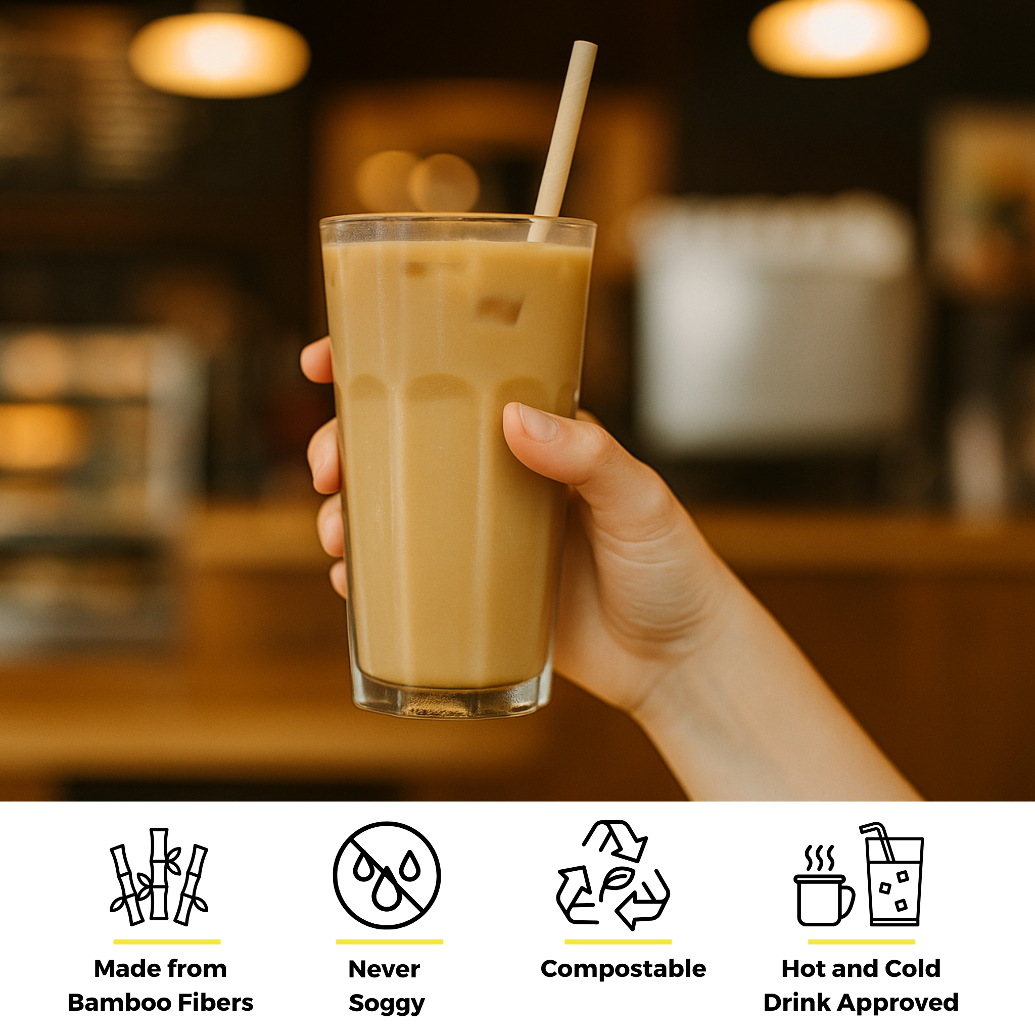 Hand holding an iced latte with an 8mm unwrapped bamboo fiber straw, showcasing features like compostability, never-soggy performance, and hot & cold drink compatibility