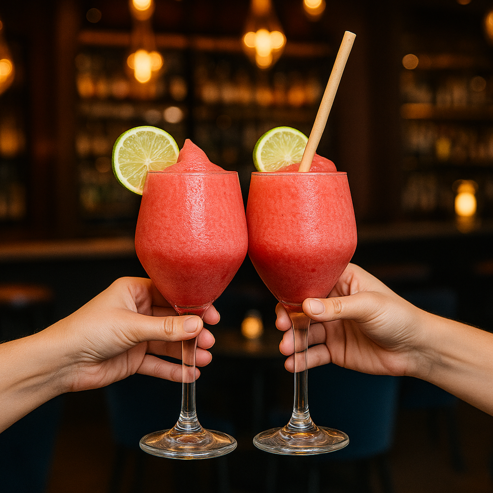 Two hands toasting with frozen strawberry frosé cocktails garnished with lime, one featuring an 8mm bamboo fiber straw—ideal for bars and cocktail lounges.