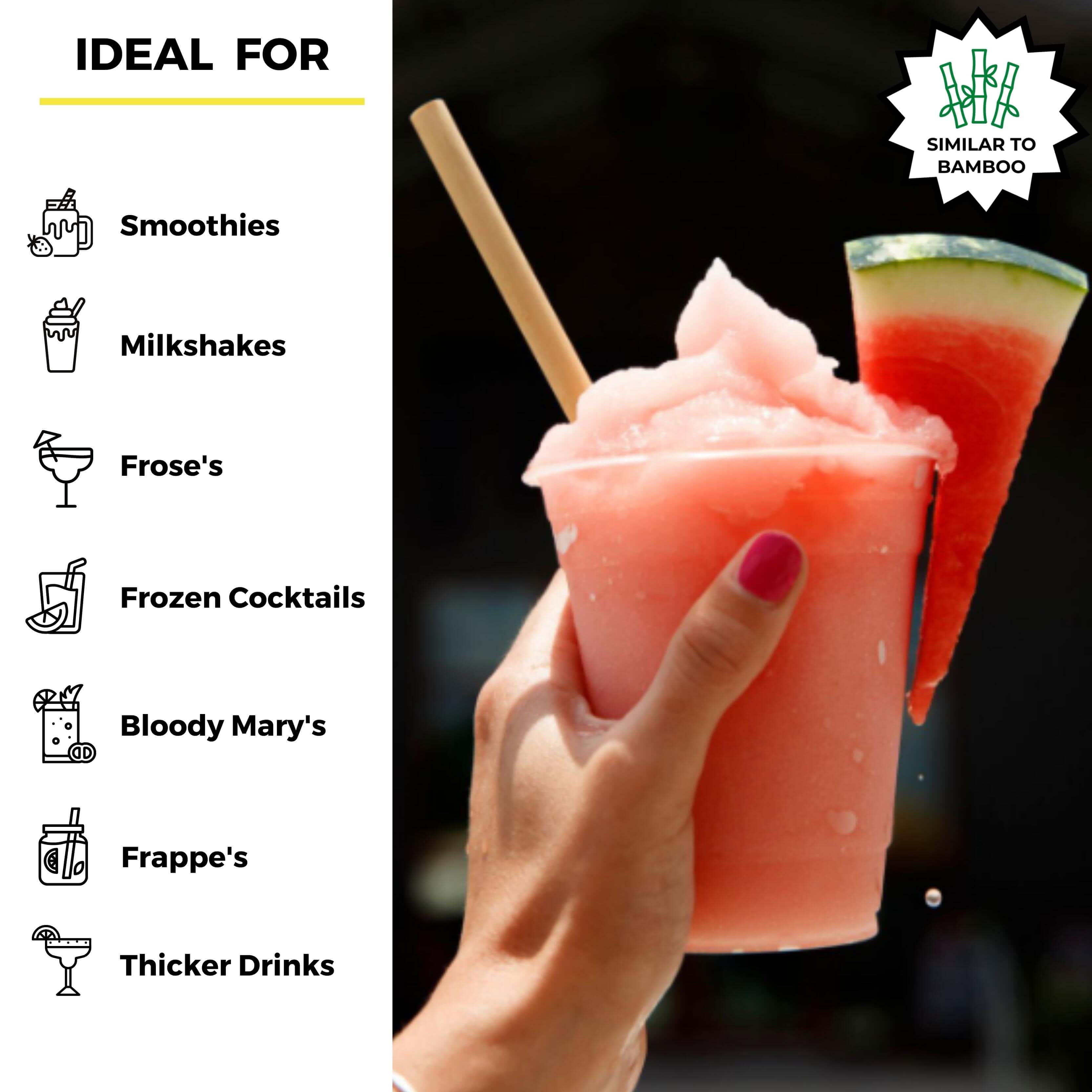 A pink, slushy-style drink served in a plastic cup, garnished with a watermelon slice and a bamboo straw. On the left, icons and text describe it as ideal for smoothies, milkshakes, frosés, frozen cocktails, Bloody Marys, frappés, and thicker drinks.