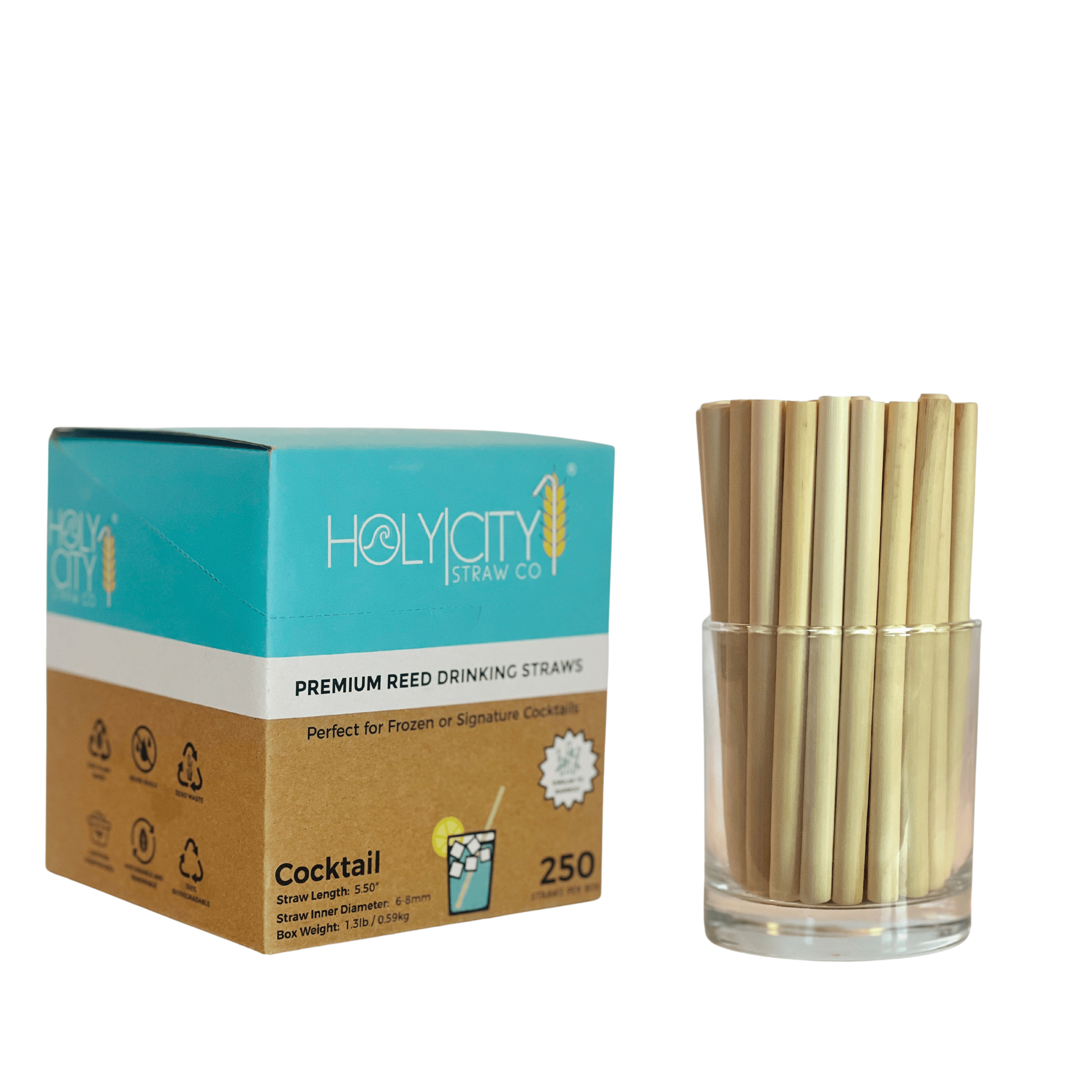 Holy City Straw Co. Premium Reed Drinking Straws (Left Side): A box of Holy City Straw Co. premium reed drinking straws, perfect for frozen or signature cocktails. The box contains 250 straws, illustrated with an image of a cocktail glass. The left side of the box features icons for 100% plant-based, never soggy, zero waste, certified compostable, sustainable and renewable, and 100% biodegradable. Next to the box, there is a clear glass filled with the premium reed drinking straws.