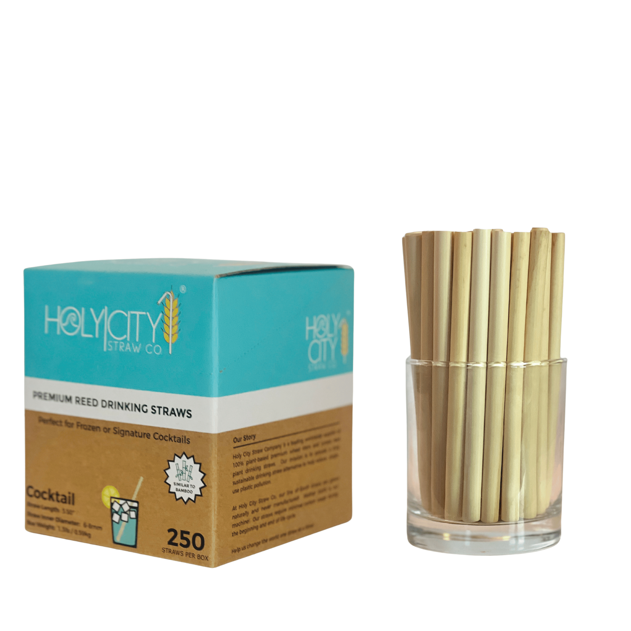 Holy City Straw Co. Premium Reed Drinking Straws (Right Side): A box of Holy City Straw Co. premium reed drinking straws, perfect for frozen or signature cocktails. The box contains 250 straws, illustrated with an image of a cocktail glass. The right side of the box includes the company’s story and mission statement. Next to the box, there is a clear glass filled with the premium reed drinking straws.