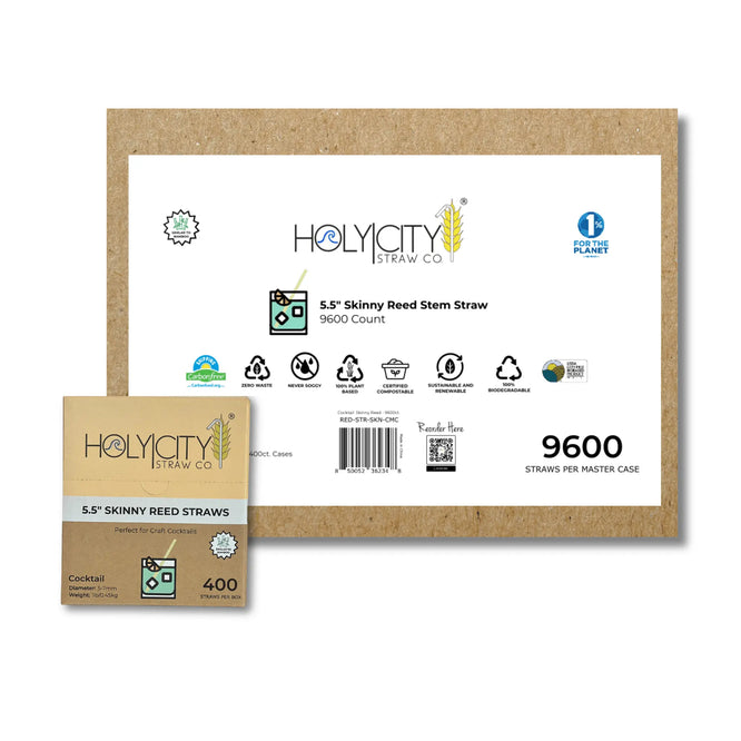 Master case of 9600 Holy City Straw Co. 5.5-inch skinny reed stem straws, highlighting eco-friendly and compostable certifications.