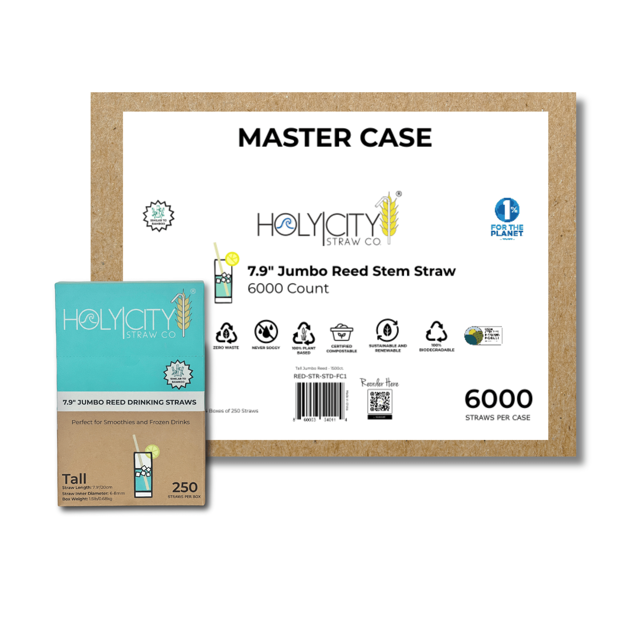 Master case of 6000 Holy City Straw Co. 7.9-inch jumbo reed stem straws, promoting zero waste and 100% biodegradable qualities.