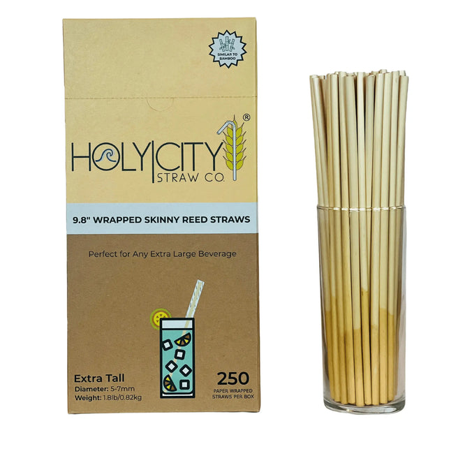 Holy City Straw Co. box of 250 9.8-inch wrapped skinny reed straws, designed for extra-large beverages, displayed alongside a glass filled with the straws