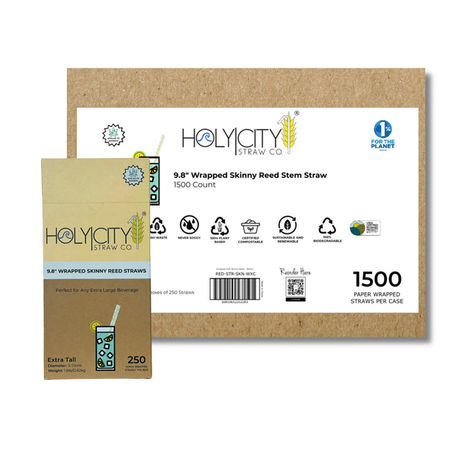 Holy City Straw Co. case of 1500 9.8-inch wrapped skinny reed stem straws, highlighting compostable and eco-friendly features, shown with a smaller box of 250 straws.