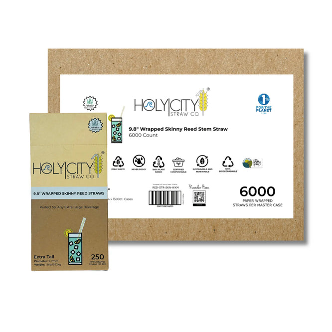 Master case of 6000 Holy City Straw Co. 9.8-inch wrapped skinny reed stem straws, emphasizing sustainable and renewable benefits, pictured with a smaller box of 250 straws.