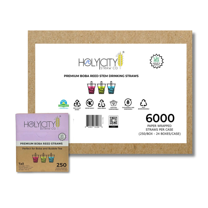Large case of 6000 Holy City Straw Co. premium wrapped boba reed straws including twenty four 250 count boxes, highlighting sustainable and biodegradable attributes.