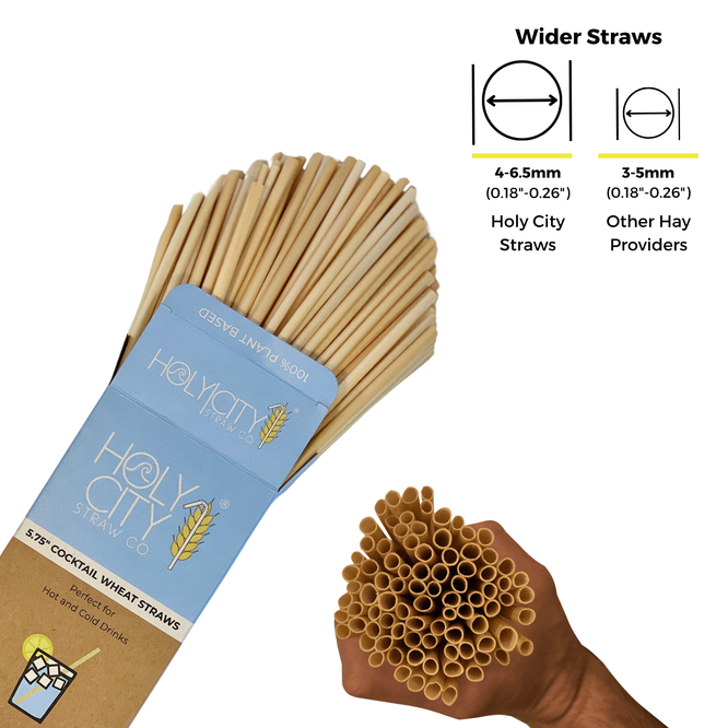 A comparison image showing a pack of Holy City Straw Co. 5.75-inch cocktail wheat straws with a label, illustrating the wider diameter (4-6.5mm) of Holy City straws versus the narrower diameter (3-5mm) of other hay providers. The image also features a hand holding a bundle of straws for visual reference.