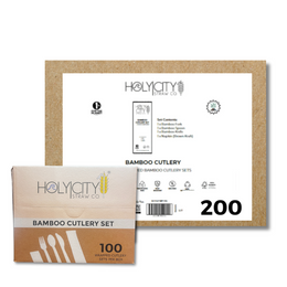 A product image of a 200-piece set of wrapped bamboo cutlery by Holy City Straw Company. Each set includes a bamboo fork, spoon, knife, and a napkin. The cutlery is tree/plastic-free, heat resistant, BPA-free, and 100% biodegradable.