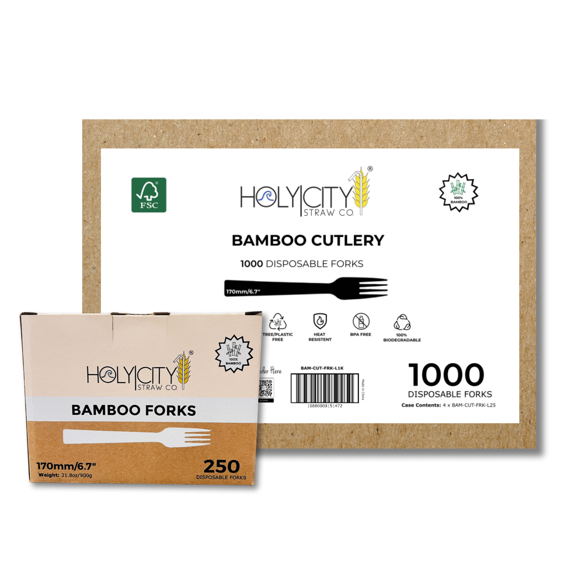 A product image of a 1000-piece case of disposable bamboo forks by Holy City Straw Company. The forks are 170mm (6.7 inches) in length, tree/plastic-free, heat resistant, BPA-free, and 100% biodegradable.