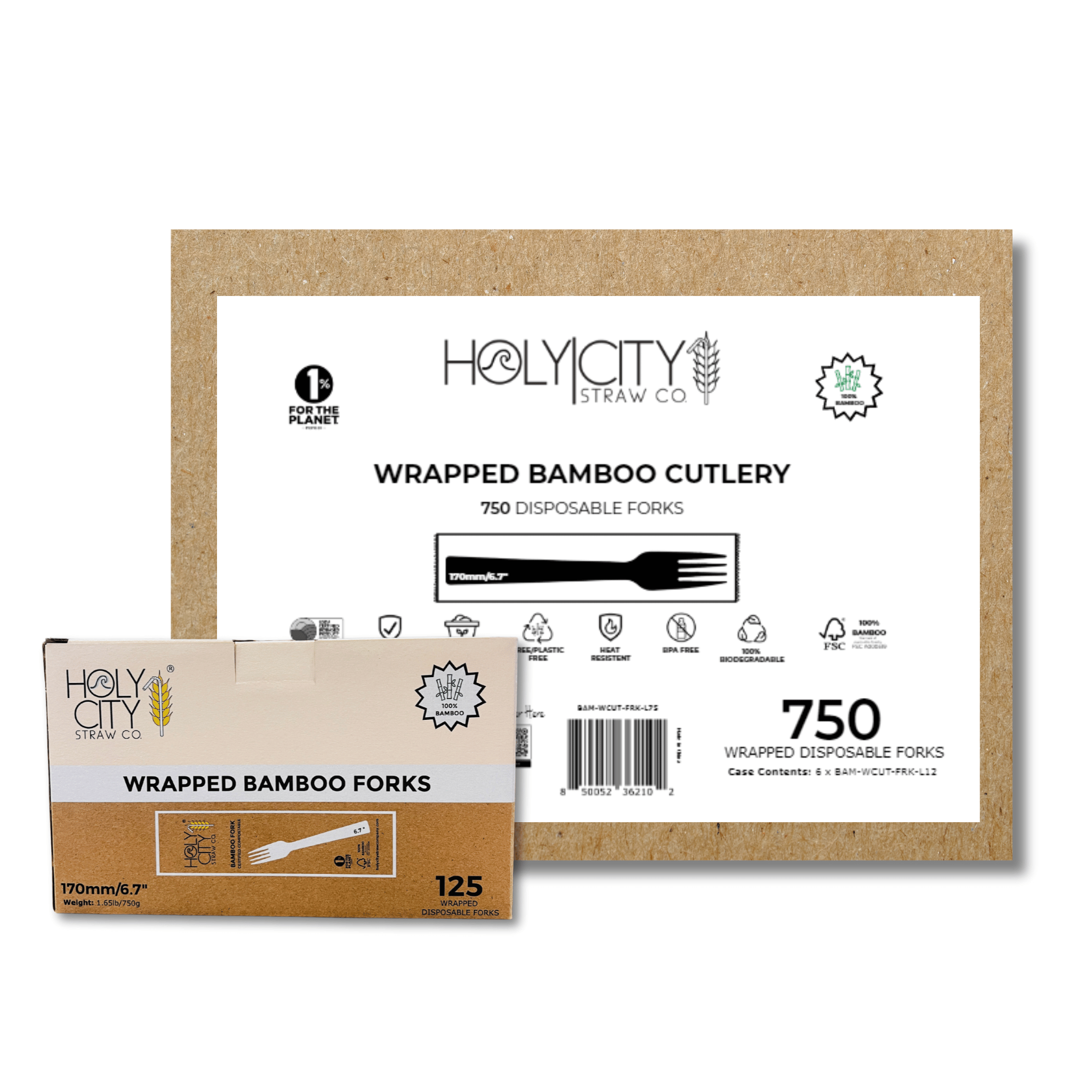 A product image of a 750-piece case of wrapped disposable bamboo forks by Holy City Straw Company. Each fork is 170mm (6.7 inches) in length, tree/plastic-free, heat resistant, BPA-free, and 100% biodegradable.