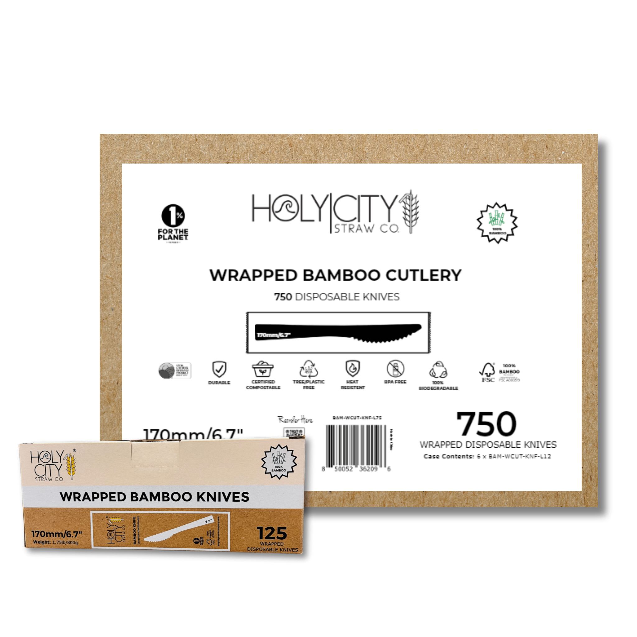 A product image of a 750-piece case of wrapped disposable bamboo knives by Holy City Straw Company. Each knife is 170mm (6.7 inches) in length, tree/plastic-free, heat resistant, BPA-free, and 100% biodegradable.