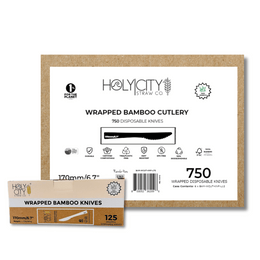 A product image of a 750-piece case of wrapped disposable bamboo knives by Holy City Straw Company. Each knife is 170mm (6.7 inches) in length, tree/plastic-free, heat resistant, BPA-free, and 100% biodegradable.