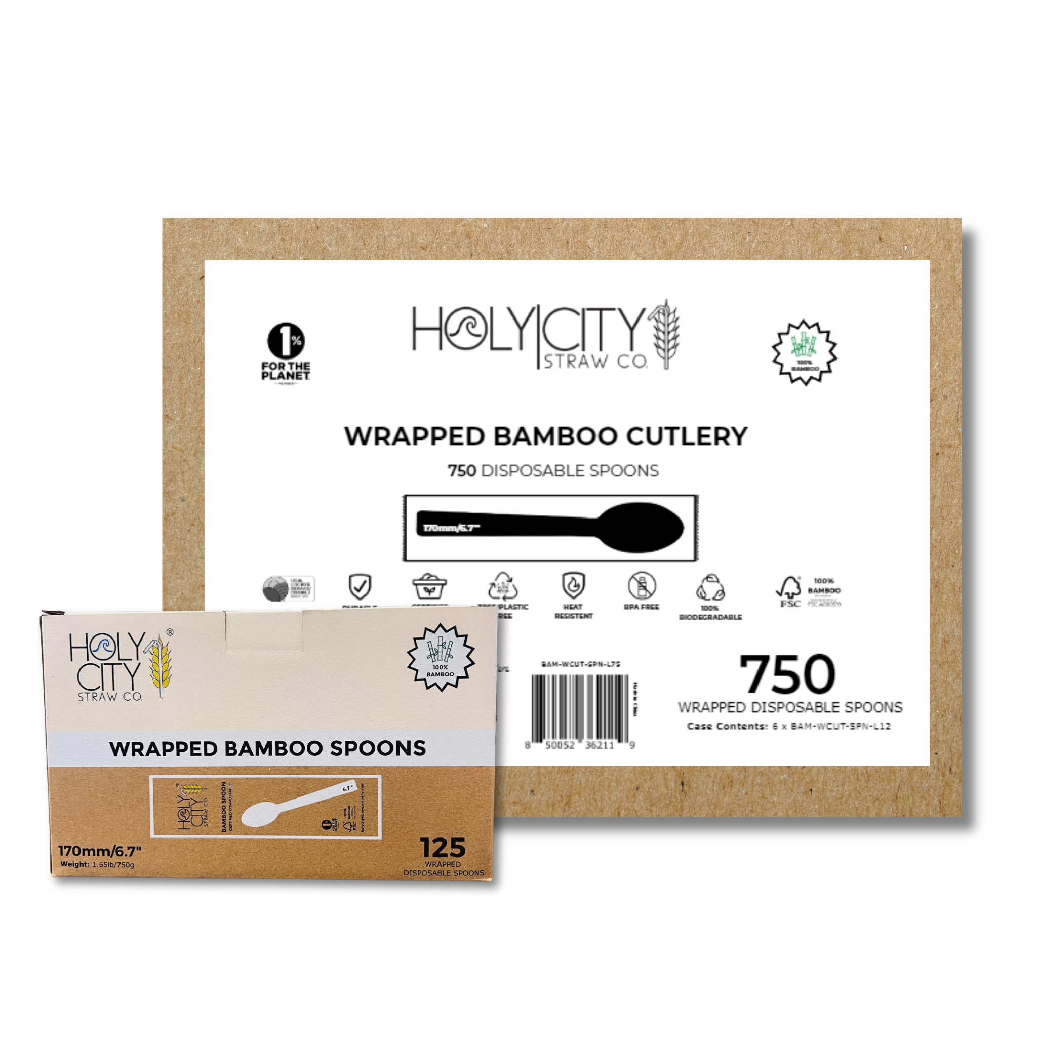 A product image of a 750-piece case of wrapped disposable bamboo spoons by Holy City Straw Company. Each spoon is 170mm (6.7 inches) in length, tree/plastic-free, heat resistant, BPA-free, and 100% biodegradable.