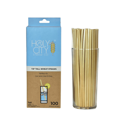 Holy City Straw Co. package of 100 tall wheat straws, suitable for hot and cold drinks, displayed next to a glass filled with the straws