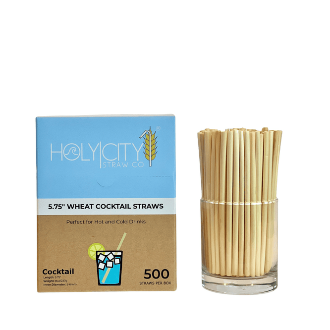 HolyCityStrawCompany 5.75-inch Wheat Cocktail Straws box of 500 straws displayed with a glass of straws next to the packaging