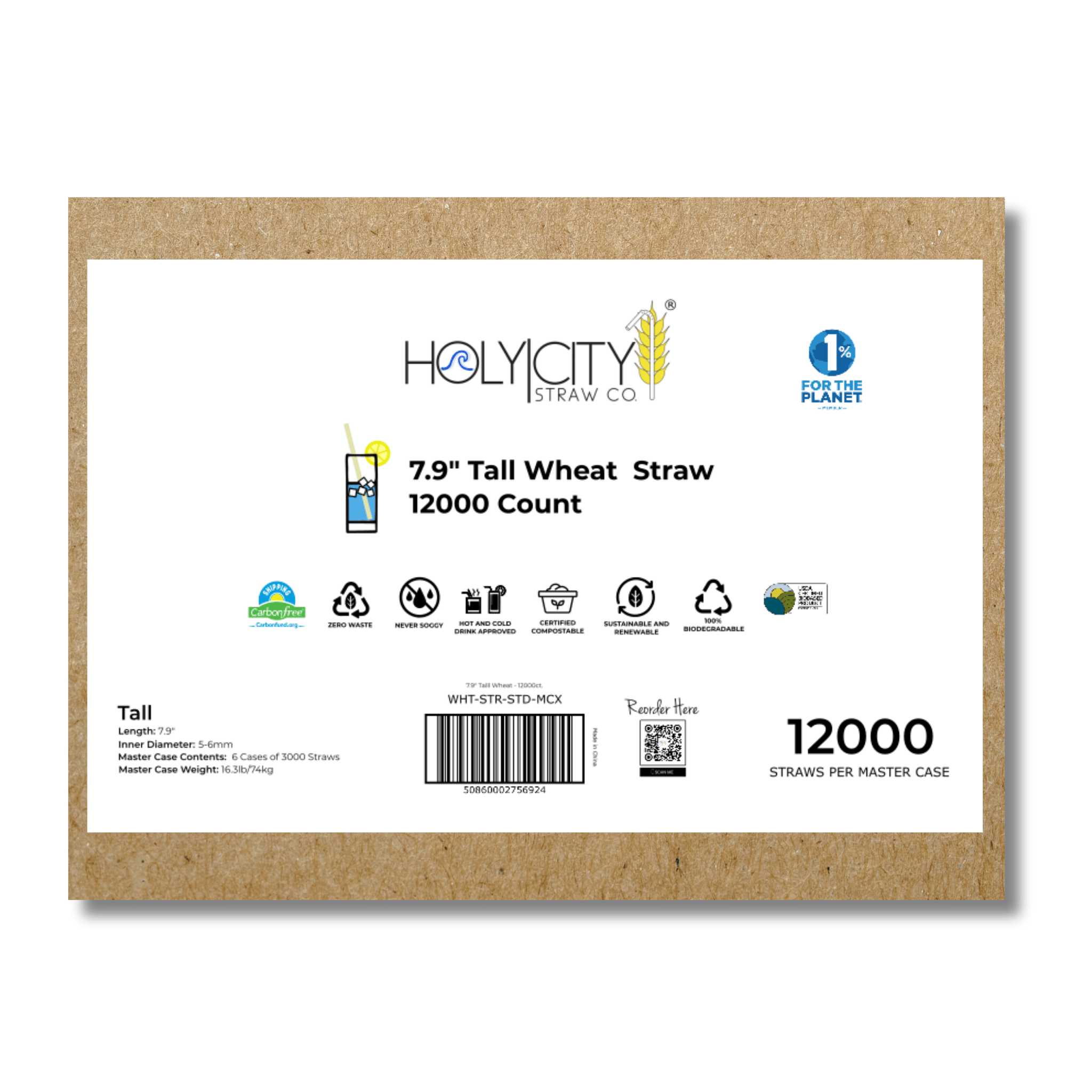 HolyCityStrawCompany 7.9-inch Wheat Tall Straws box of 12000 straws with environmental certifications and usage icons.