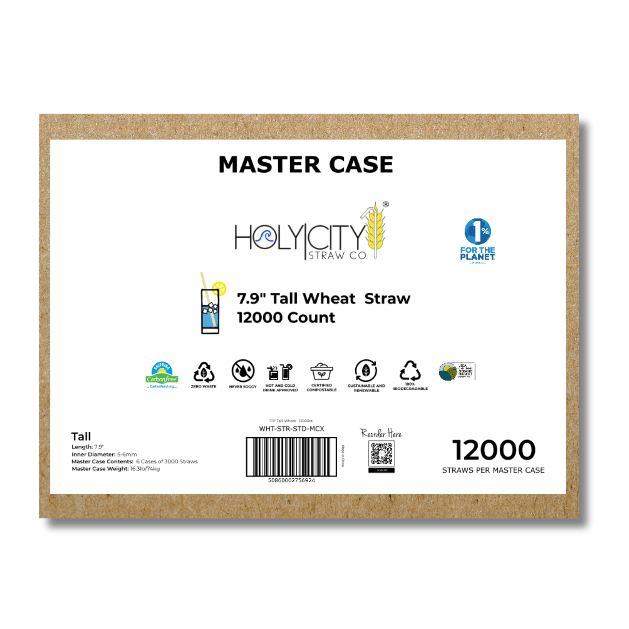 HolyCityStrawCompany 7.9-inch Wheat Tall Straws Master Case box of 12000 straws with environmental certifications and usage icons.