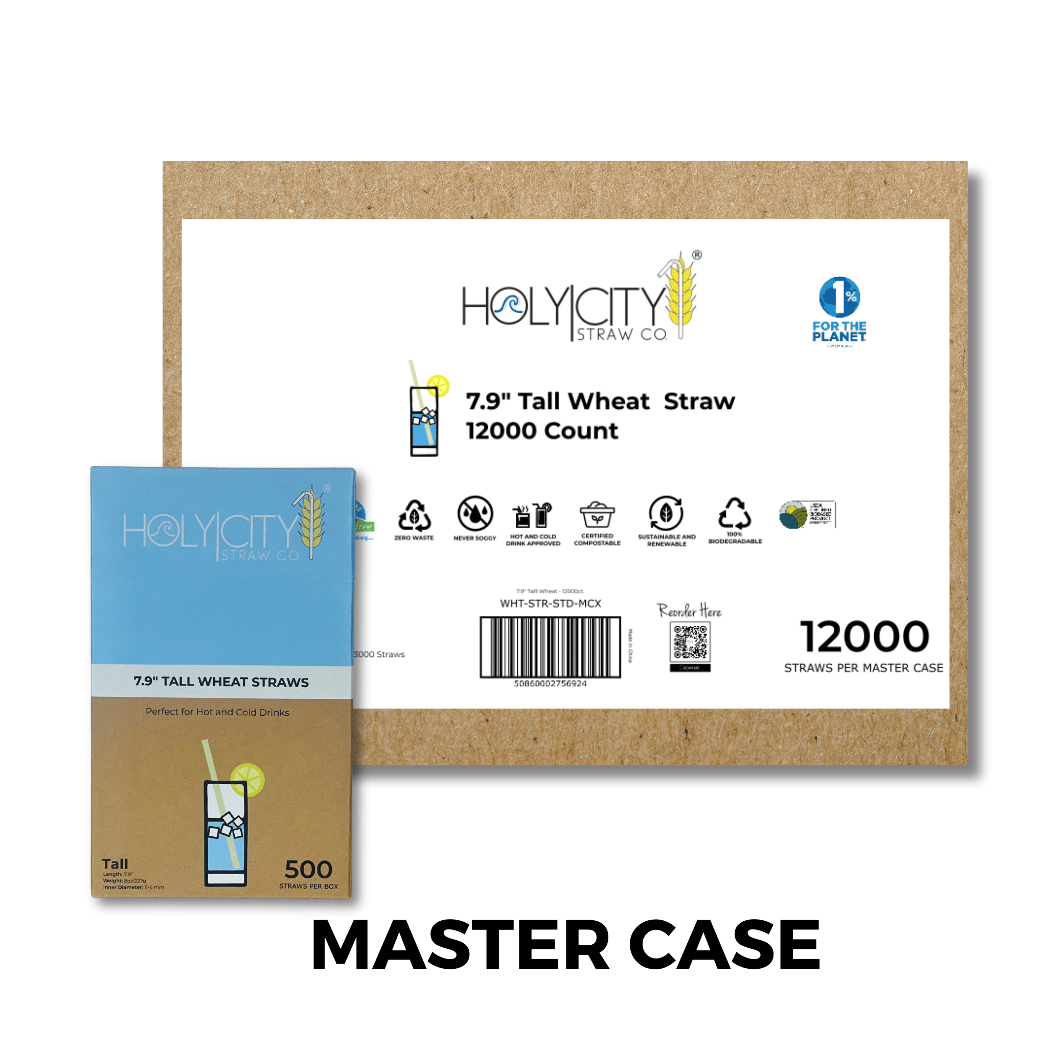 HolyCityStrawCompany 7.9-inch Wheat Tall Straws Master Case box of 12000 straws with environmental certifications and usage icons.