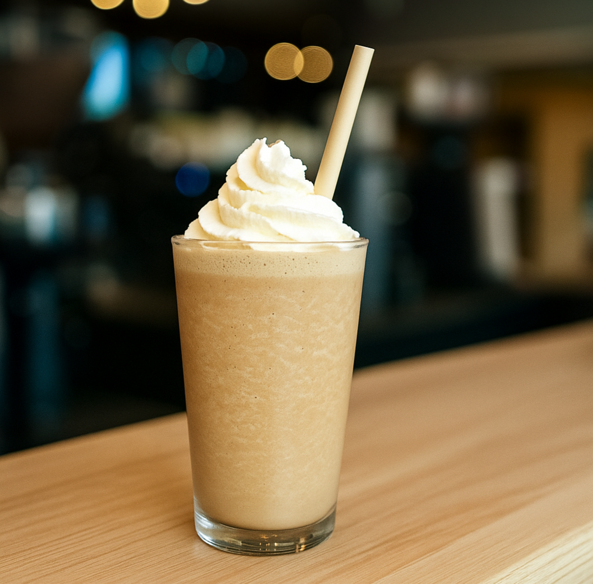Eco-friendly bamboo fiber straw in an iced coffee frappe topped with whipped cream, perfect for cold beverages and sustainable cafes.