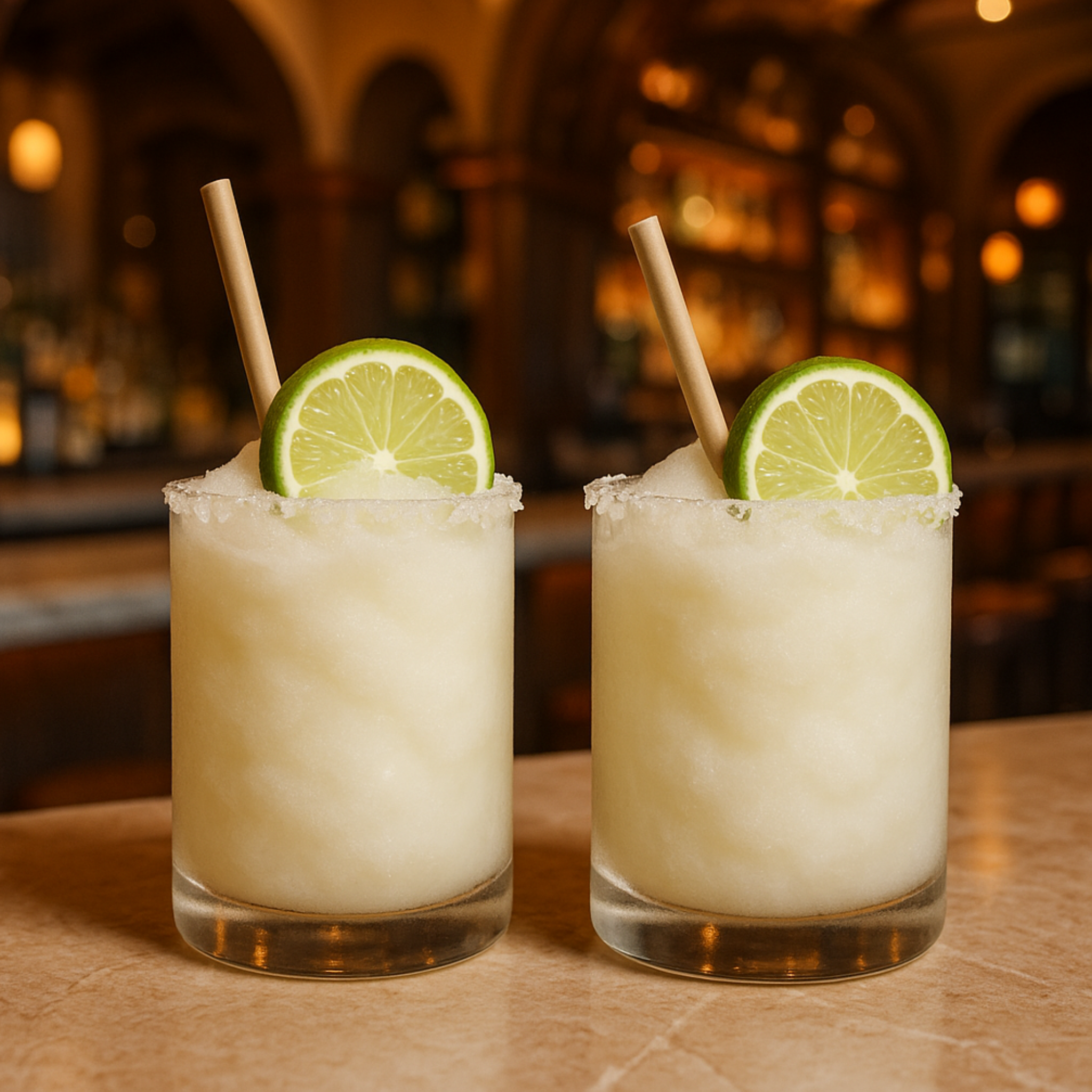 Pair of frozen lime margaritas garnished with lime wedges and served with 8mm bamboo fiber straws in a salted-rim glass—perfect for sustainable cocktail service.