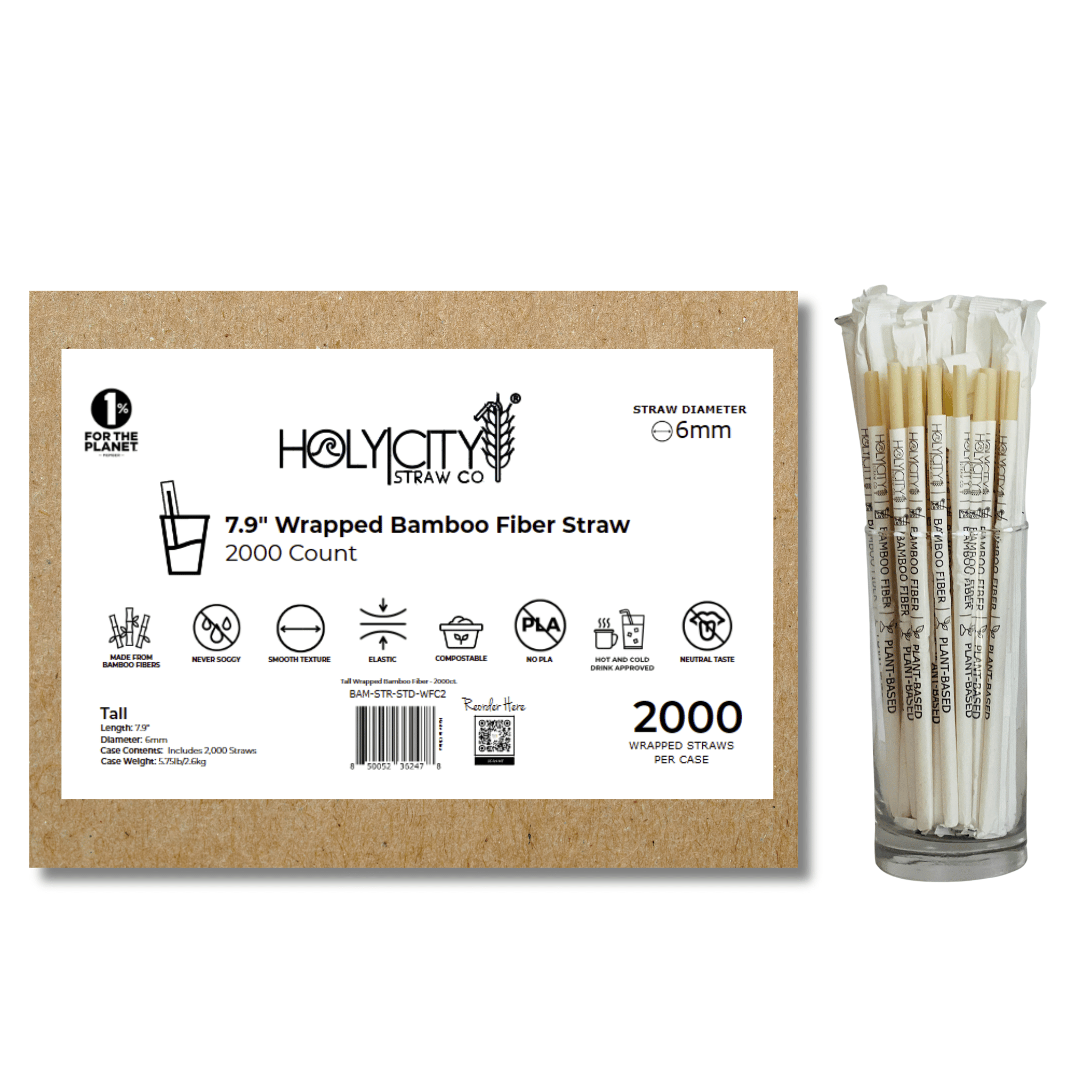 Holy City Straw Co. case of 2,000 count 7.9-inch 6mm individually wrapped bamboo fiber straws with compostable wrappers and icons indicating key features like elasticity, no PLA, and hot/cold drink compatibility.
