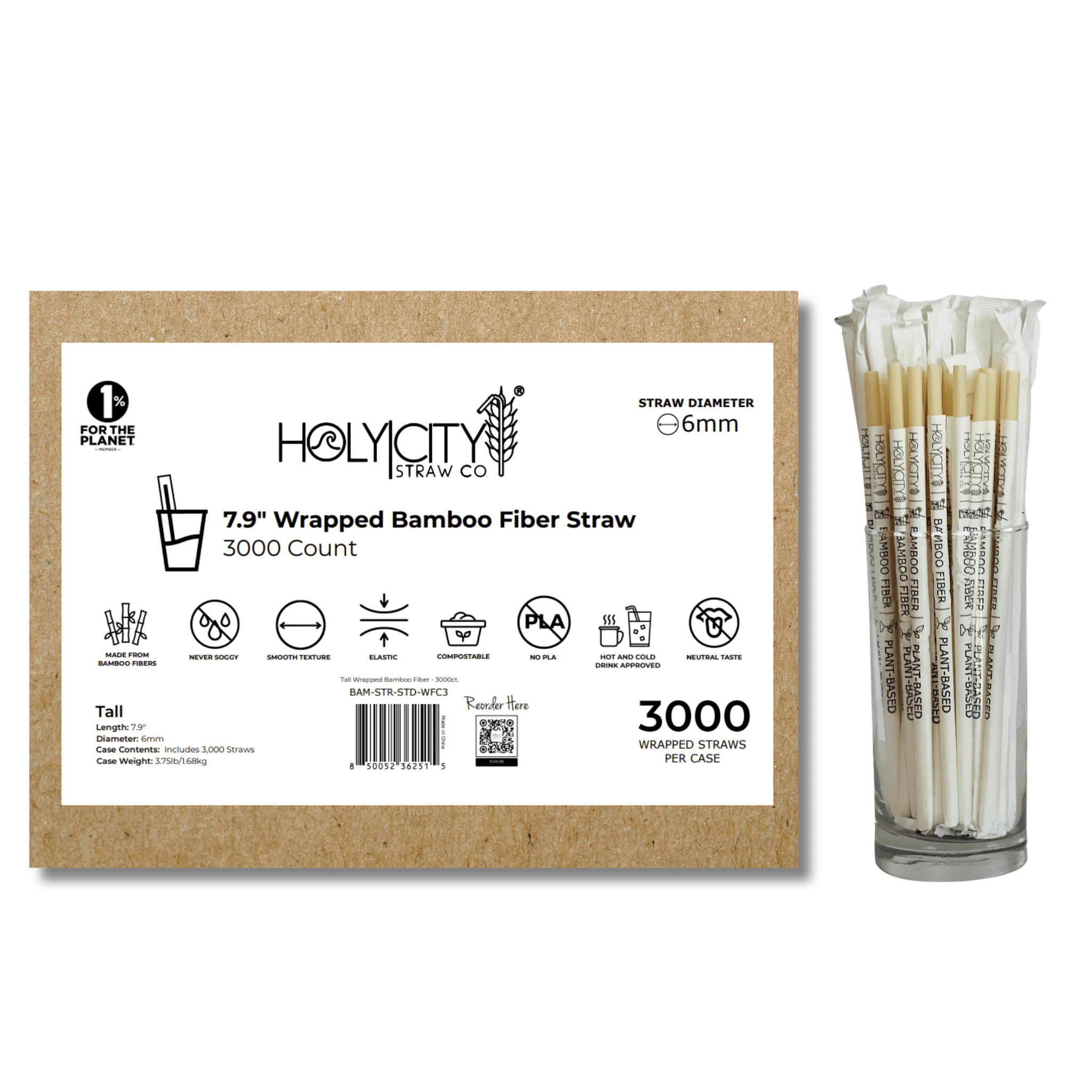 7.9" Wrapped Bamboo Fiber Straw | 6mm