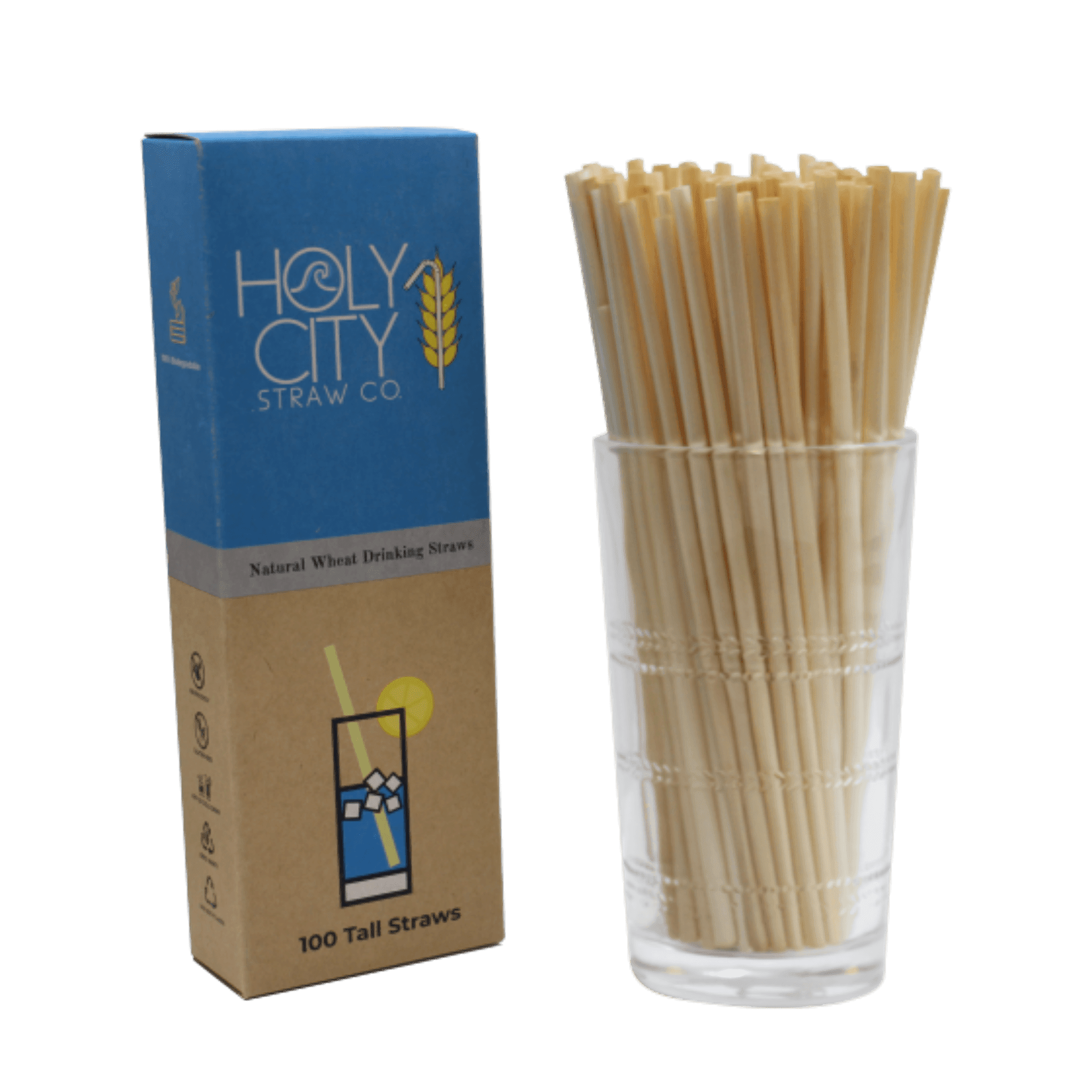100 count box of Holy City Tall wheat straws next to a cup of straws
