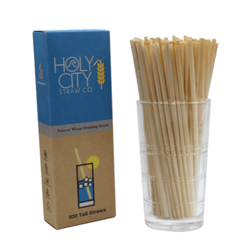 100 count box of Holy City Tall wheat straws next to a cup of straws