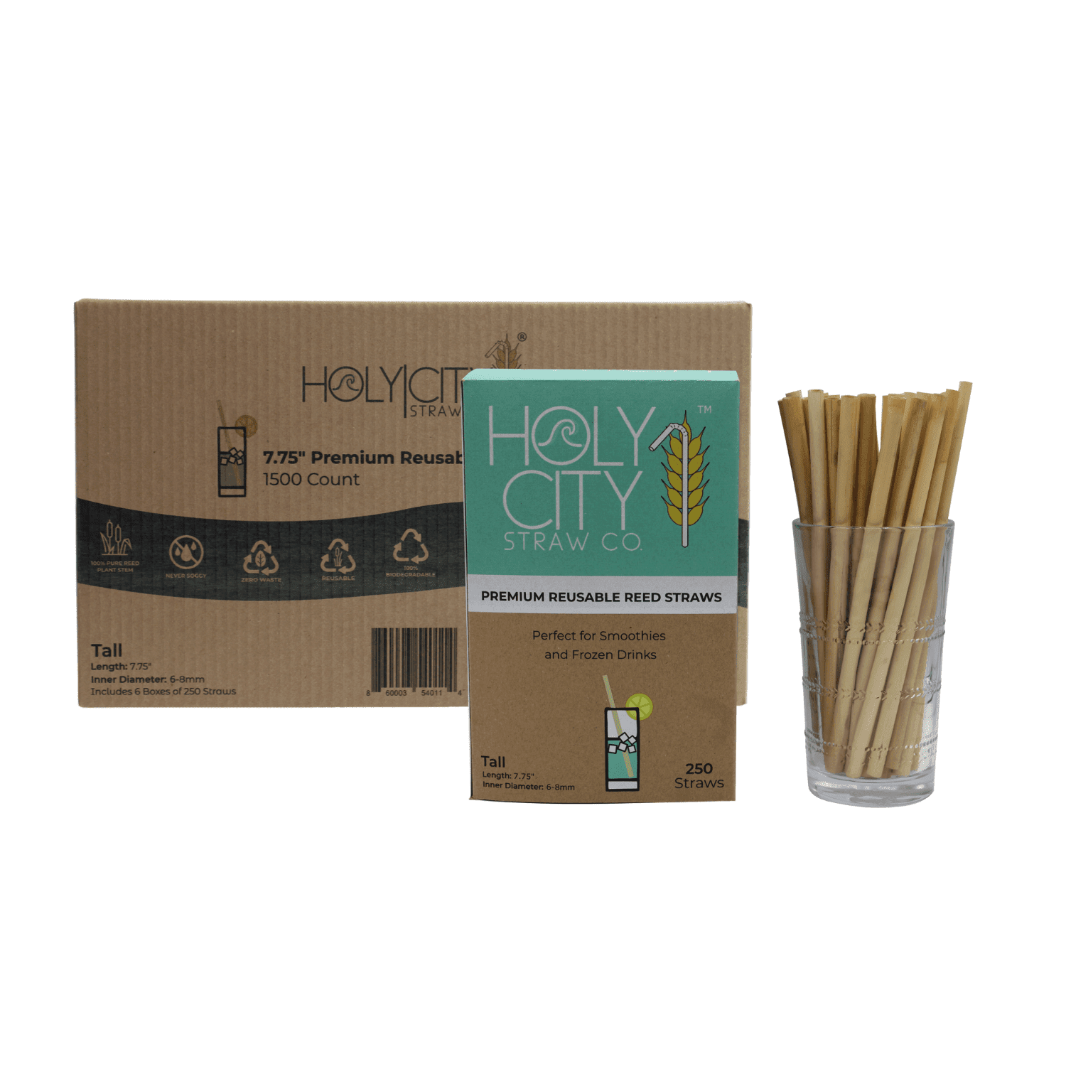 1500 count case containing 6 boxes of 250 ct boxes of Holy City tall reusable reed Straws