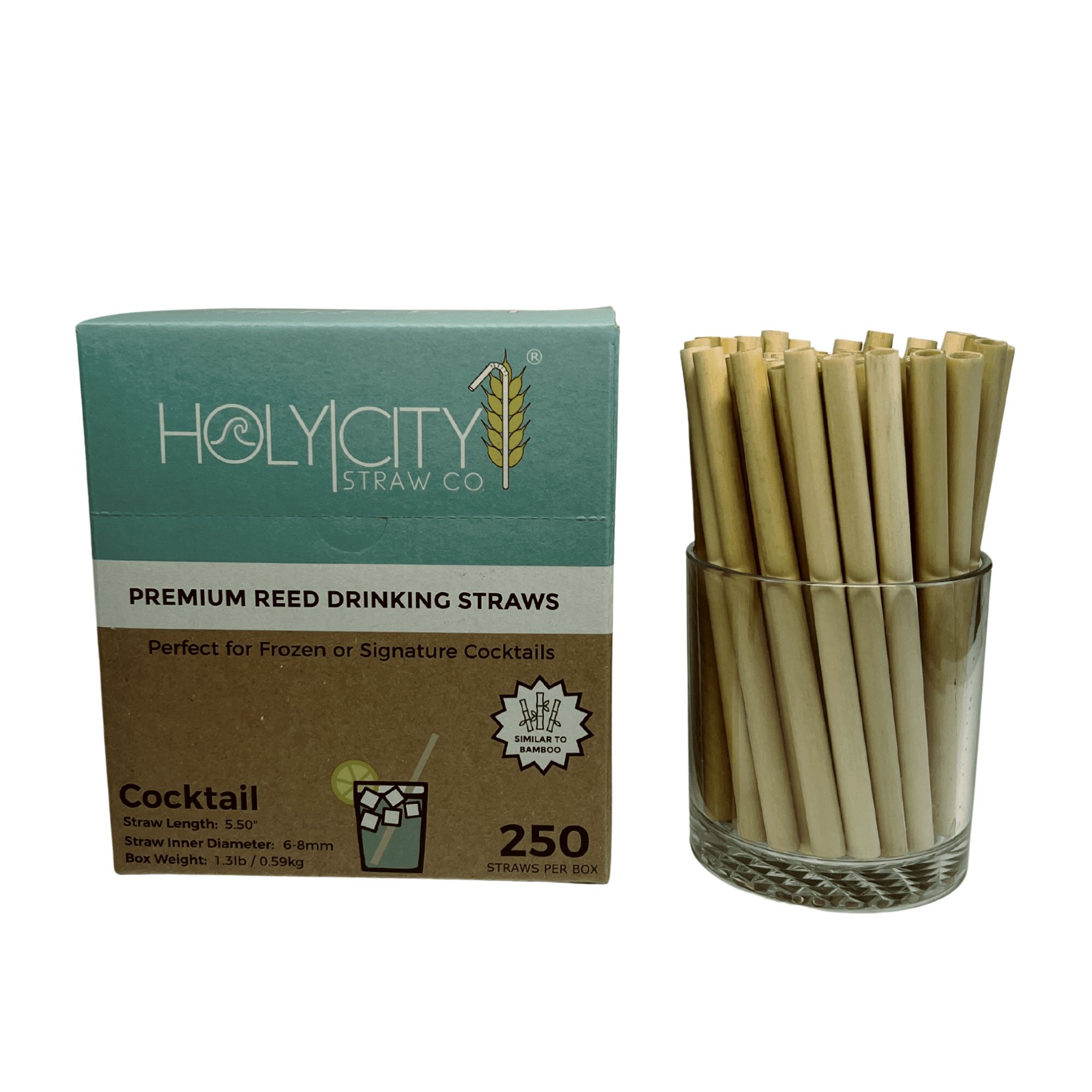 250 count box ofHoly City Straw Company cocktail reed straws next to a cup of straws front