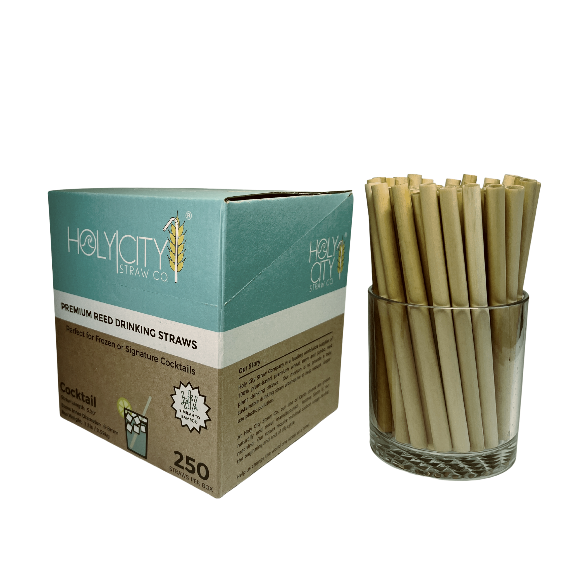 250 count box ofHoly City Straw Company cocktail reed straws next to a cup of straws side angle