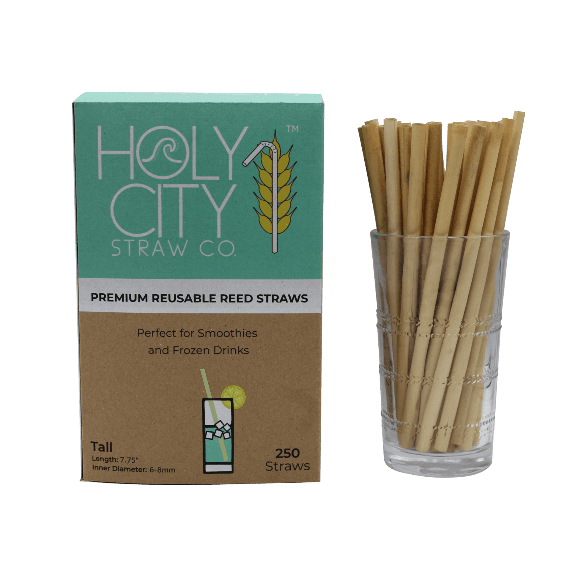 250 count box of Holy City Straw Company Tall Reed Straws next to a cup of straws