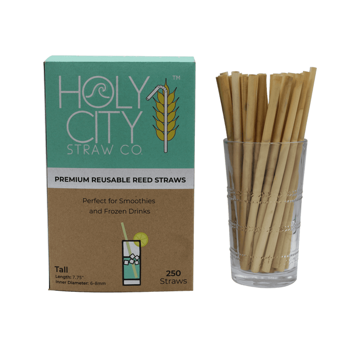250 count box of Holy City Straw Company Tall Reed Straws next to a cup of straws