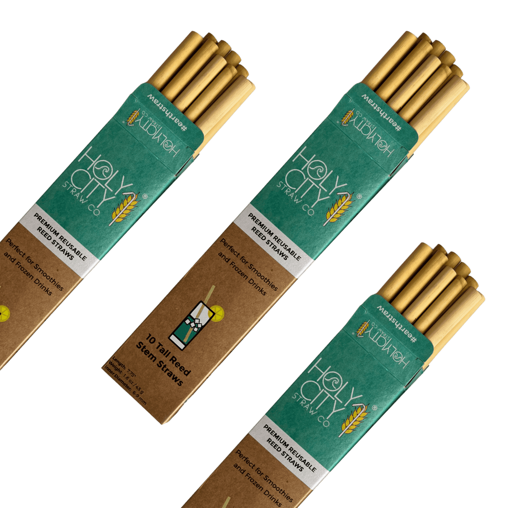 3 Pack Bundle of Holy City Straw Company Tall Reusable Reed Straw Angled Right