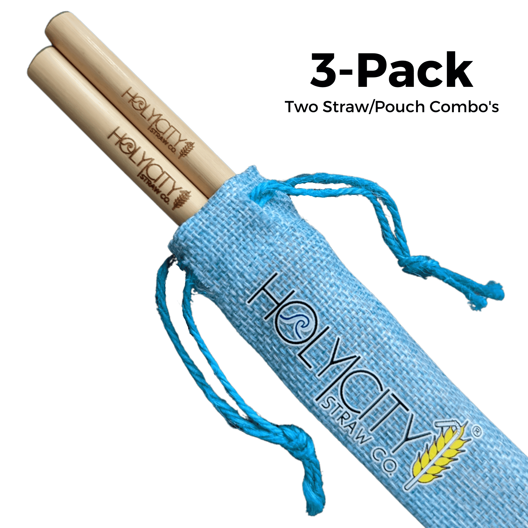 3 Pack Bundle of Two Straw Holy City Straw Company Branded Pouch