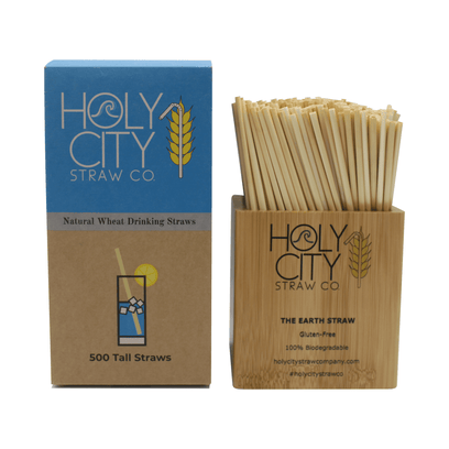 500 count box of Holy City Tall Straws nest to bamboo holder of straws
