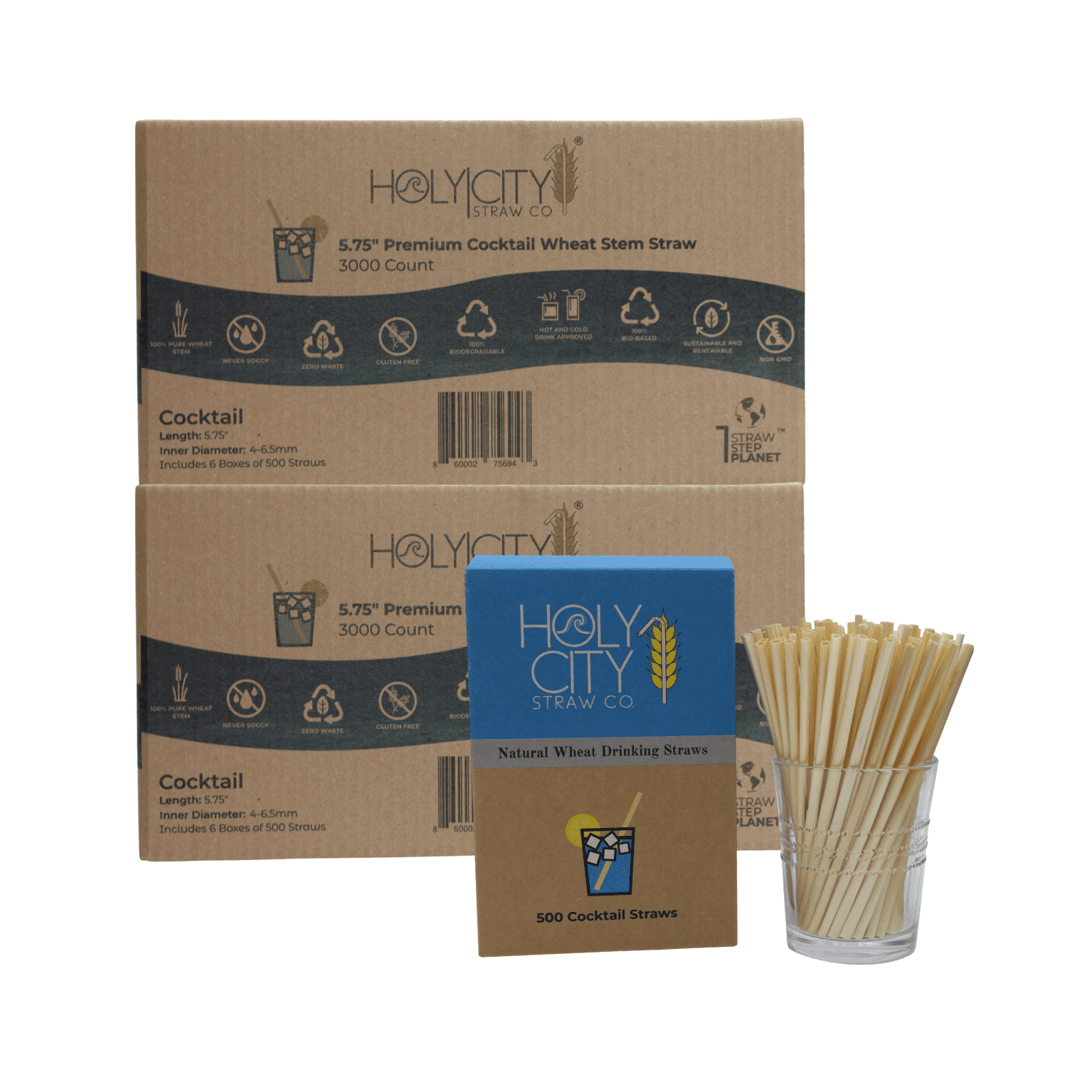 6000 count double case containing 12 boxes of 500 count boxes of Holy City Cocktail Wheat Straws