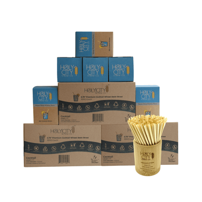 9000 count super case containing 18 boxes of 500 count boxes of Holy City Cocktail Wheat Straws