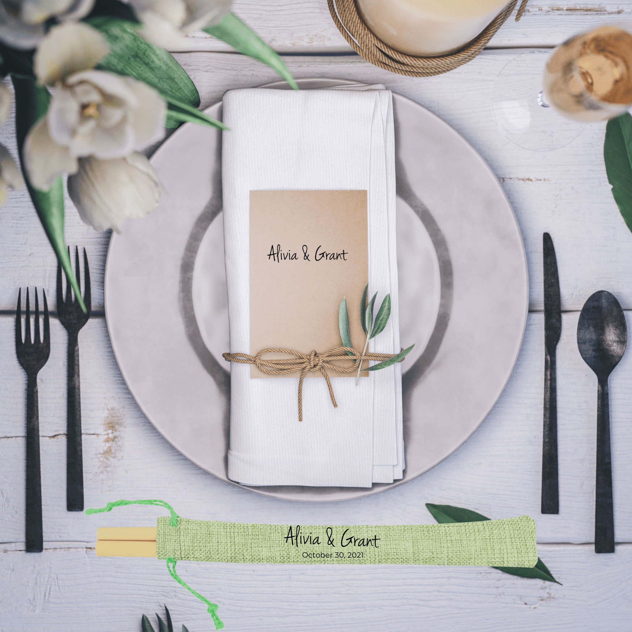 Holy City Straw Company two straw pouch branded combo at wedding place setting