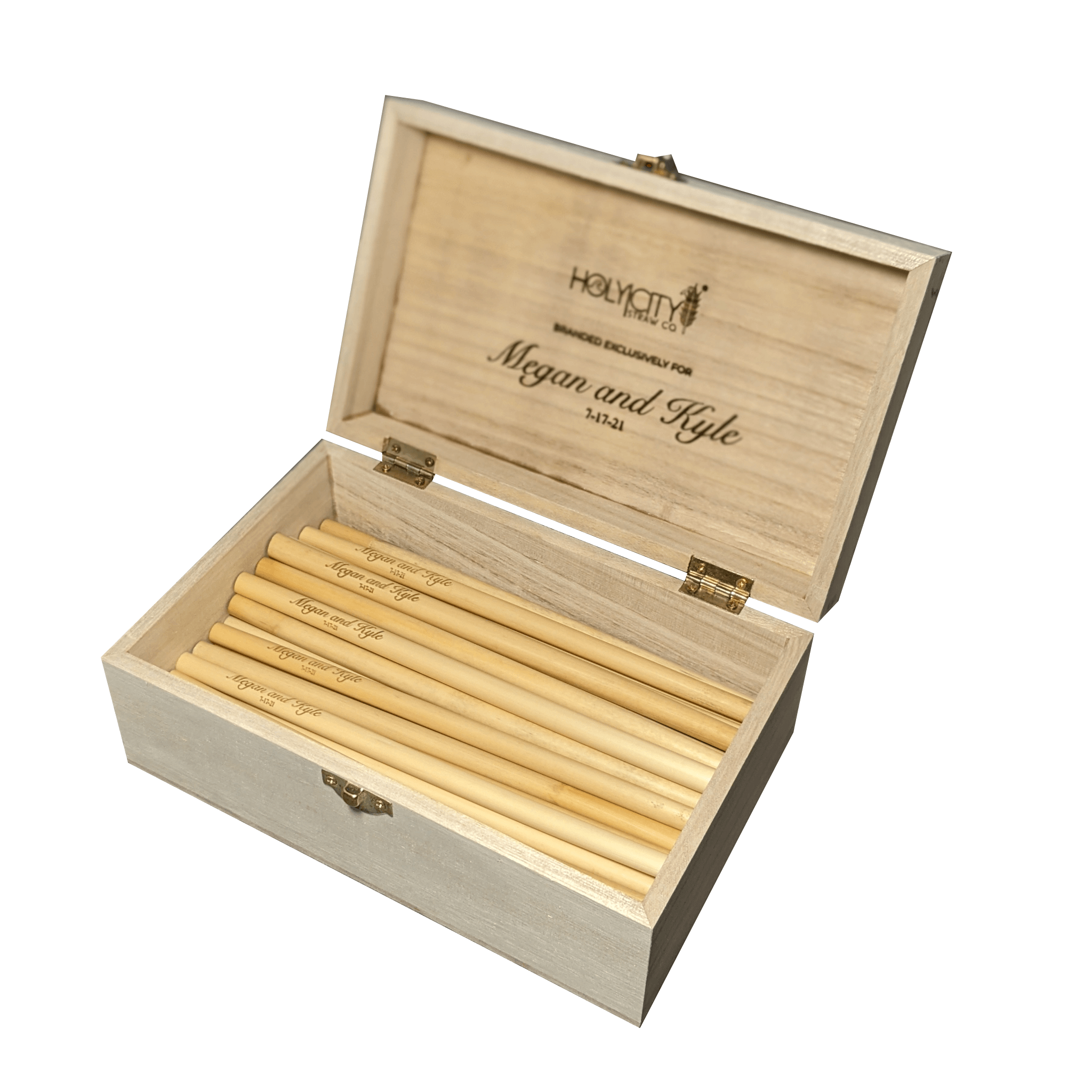 Megan and Kyle Custom Branded Straw Holder Box Opened with Straws Inside Angled View
